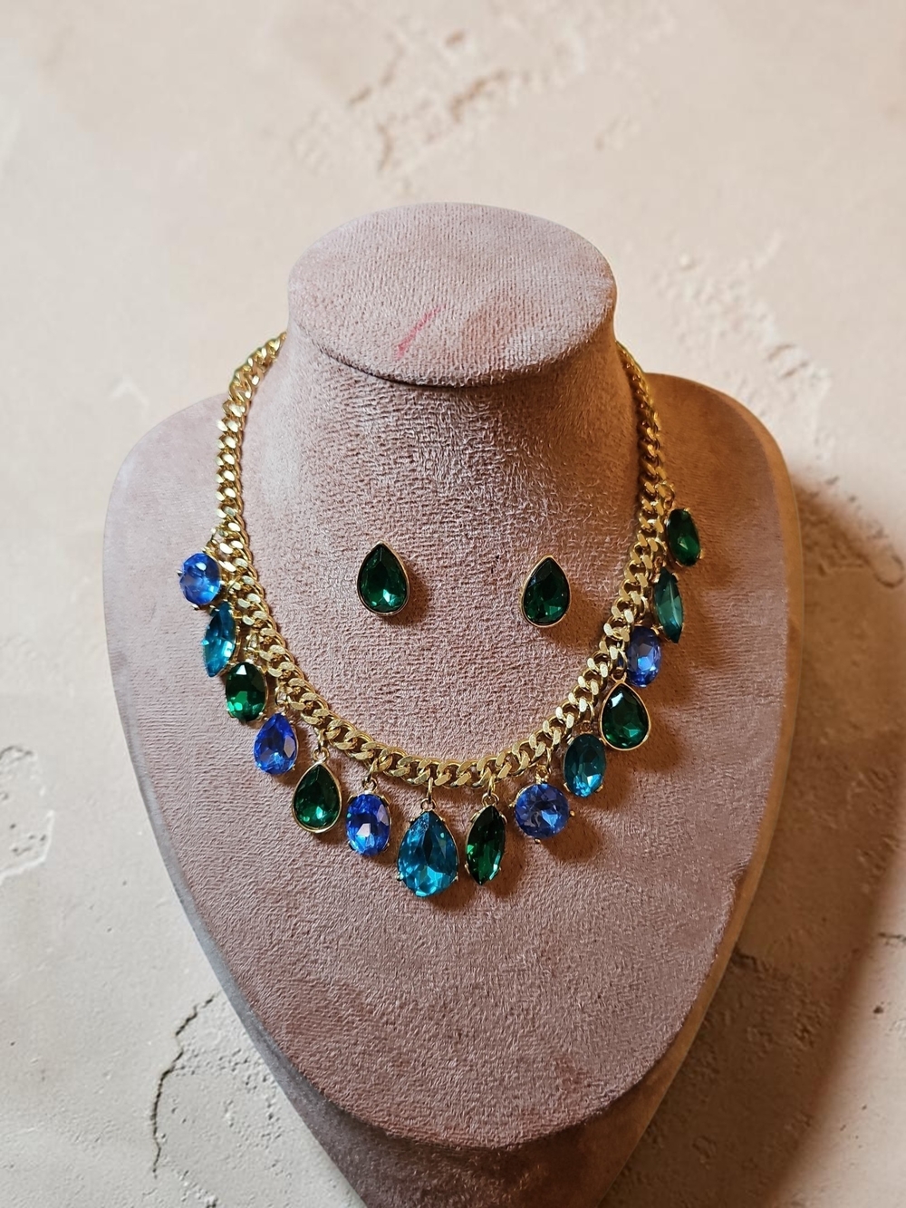Nwt  SB Gold-Tone Necklace and Stud Earrings with Blue and Green Teardrop Stones